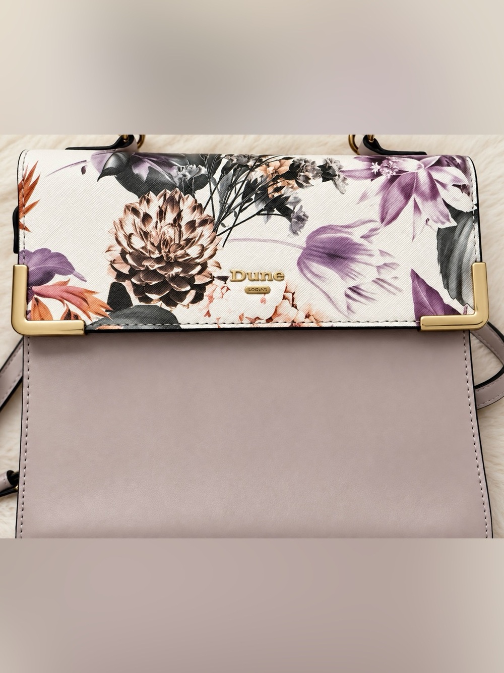 Dune London Floral Satchel Bag Lavender Purple Gold Top Handle Crossbody Purse